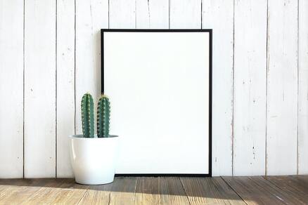 A cactus placed on a wooden floor in front of an empty picture frame.
