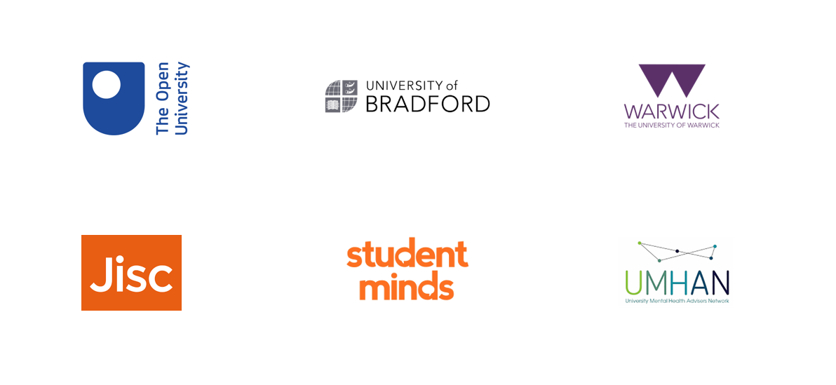 Logos: The Open University, University of Bradford, University of Warwick, Jisc, Student Minds and University Mental Health Advisors Network